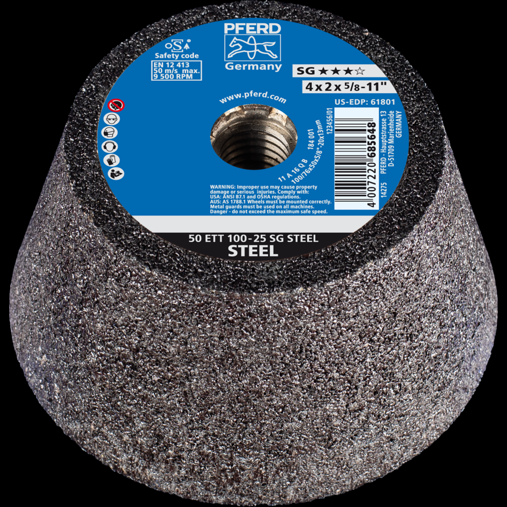 PFERD Cup Wheel, 4&#34; x 3-1/2 x 5/8-11, SG STEEL, T11, Aluminum oxide