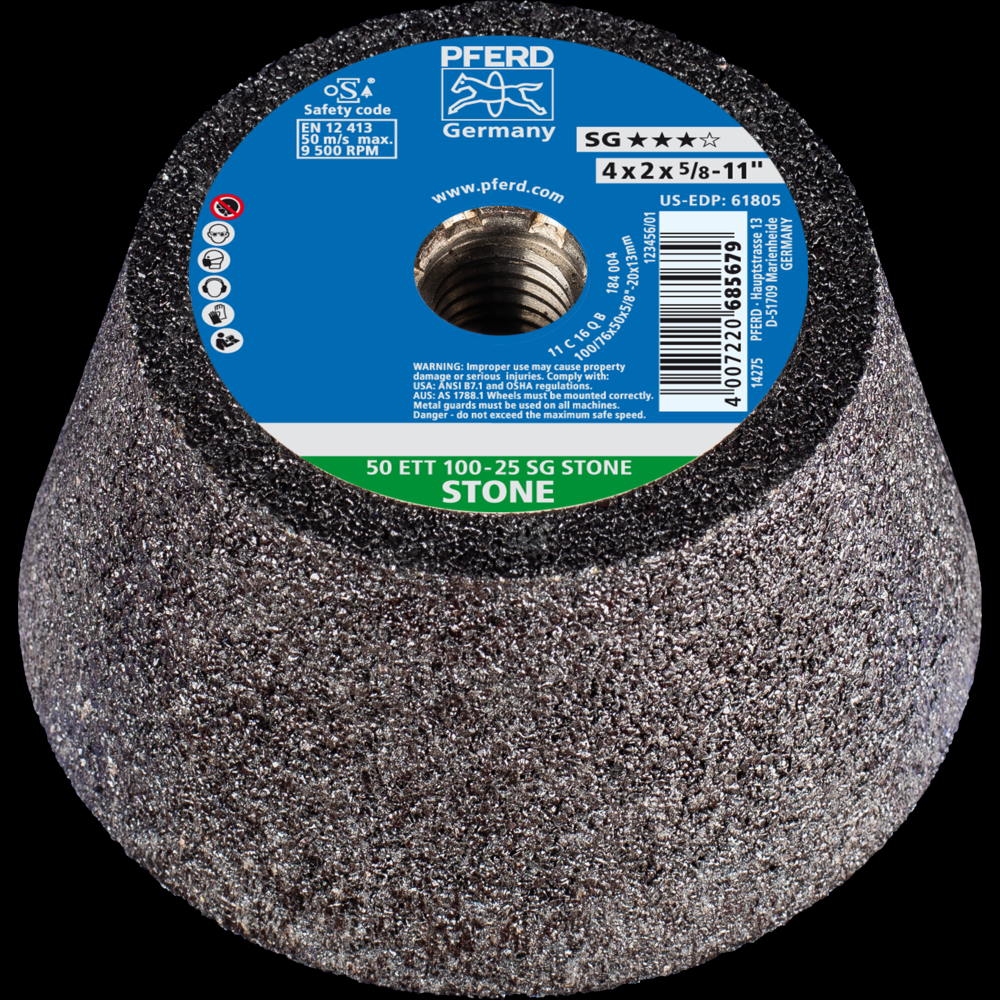 PFERD Cup Wheel, 4&#34; x 3-1/2 x 5/8-11, SG STONE, T11, Silicon Carbide (SiC)