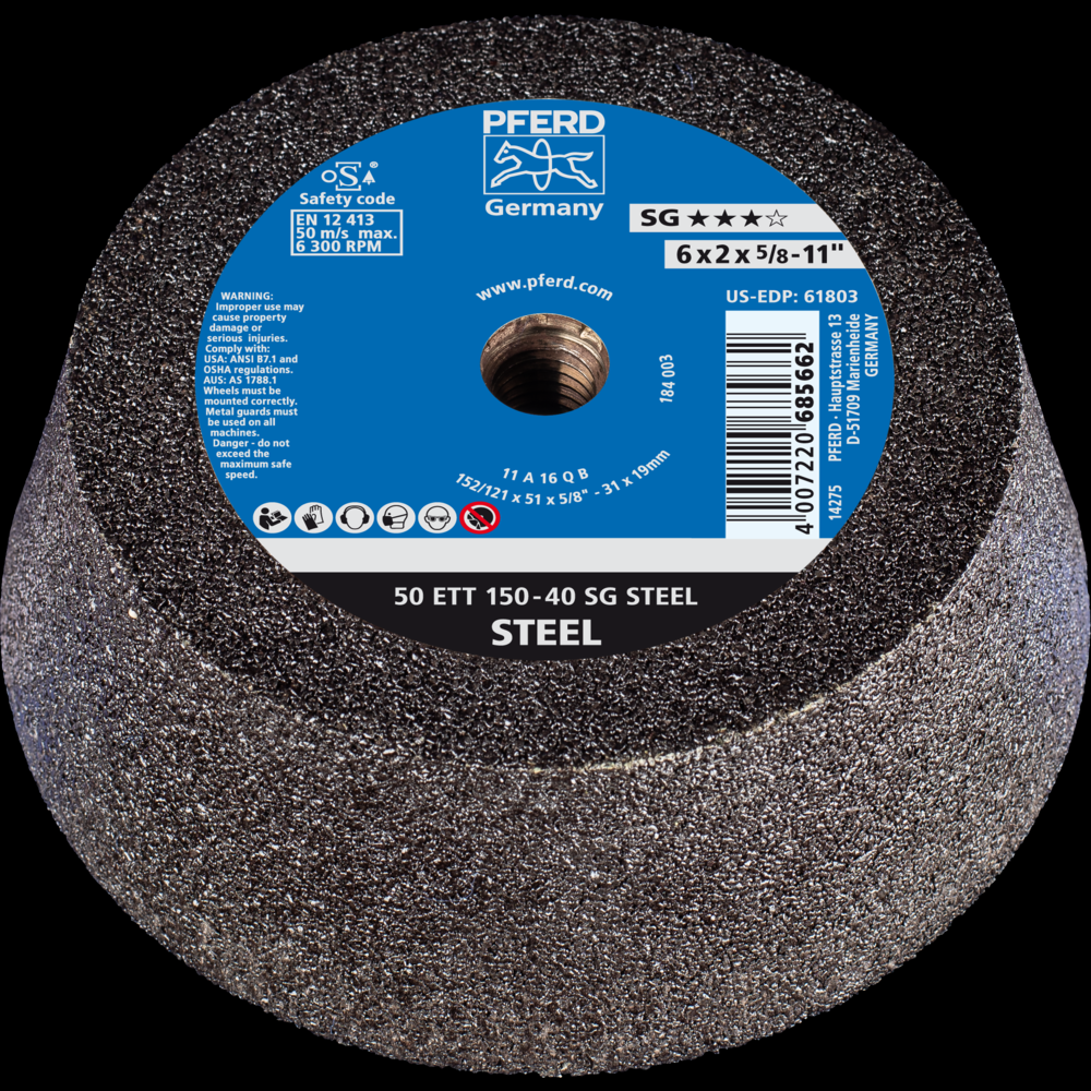 PFERD Cup Wheel, 6&#34; x 4-3/4 x 5/8-11, SG STEEL ,T11, Aluminum oxide