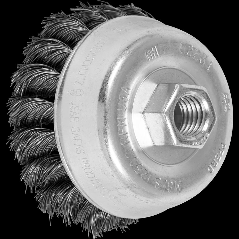 PFERD Knot Wire Cup Brush PSF 3-1/2&#34; Dia. .014 Carbon Steel 5/8-11&#34; Thread Retail